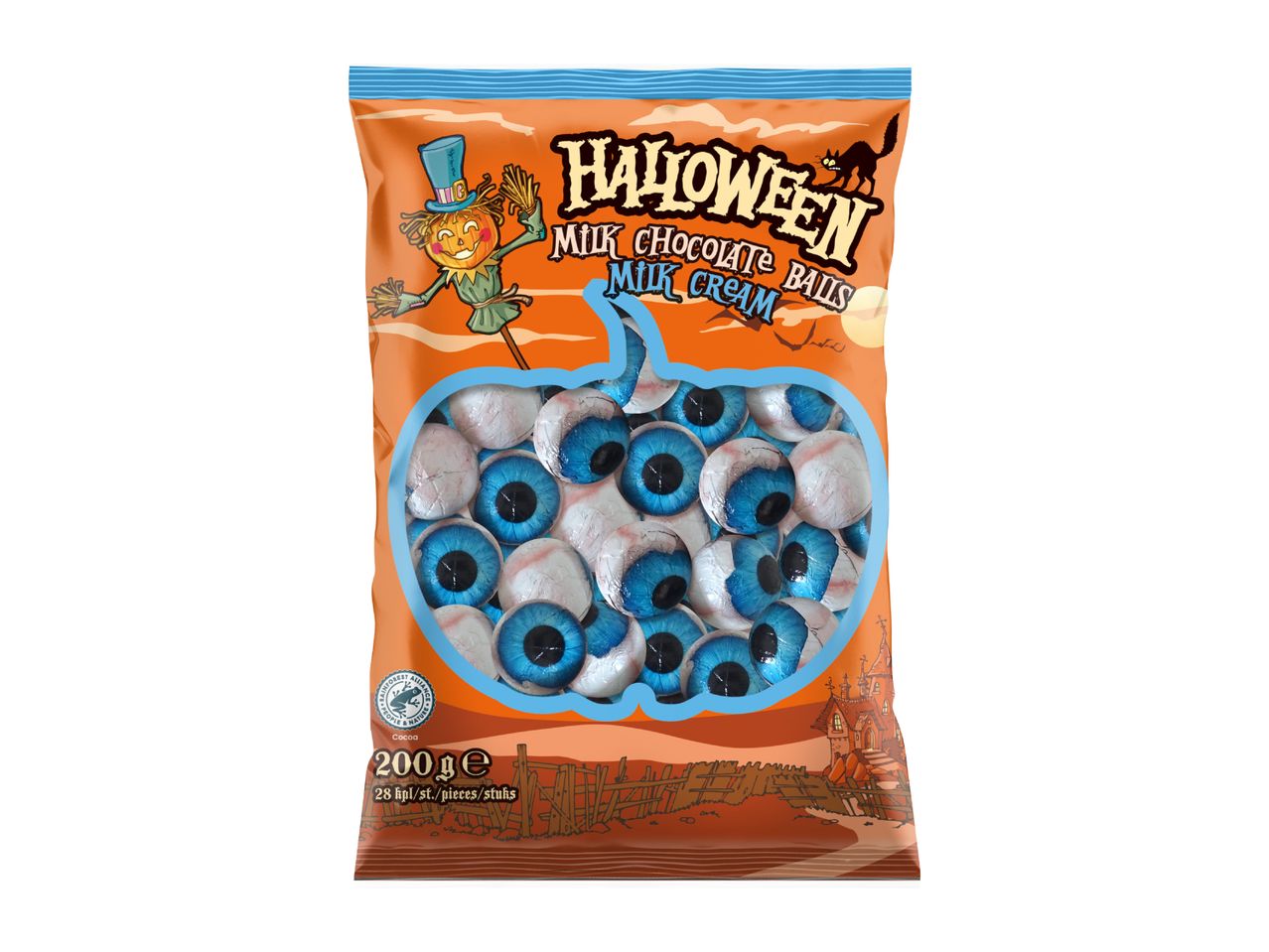 A 200g bag of Halloween milk chocolate balls with milk cream, shaped like blue eyeballs.