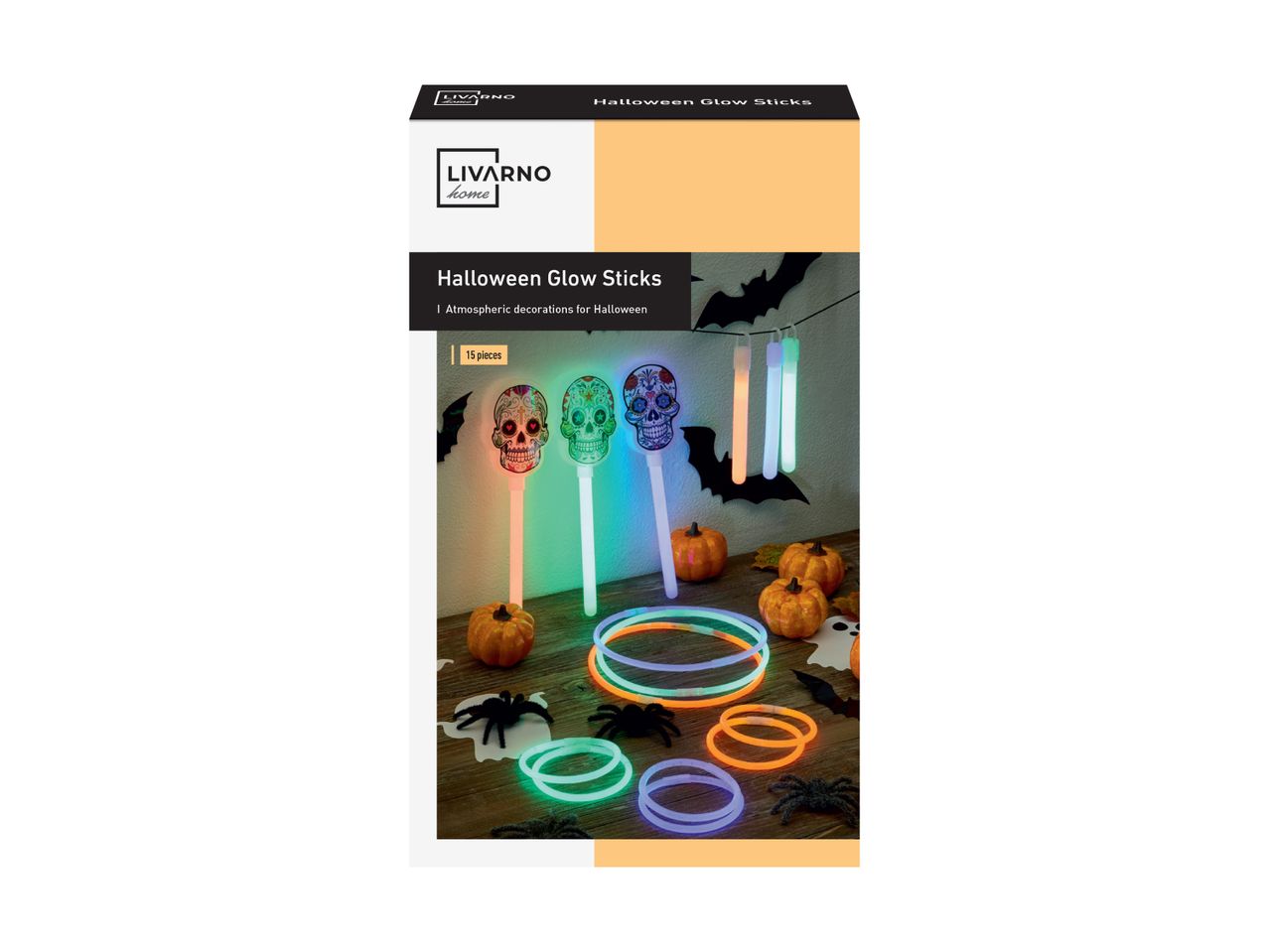 LIVARNO Halloween Glow Sticks med 15 dele, inklusive kranie-pinde og armbånd.
