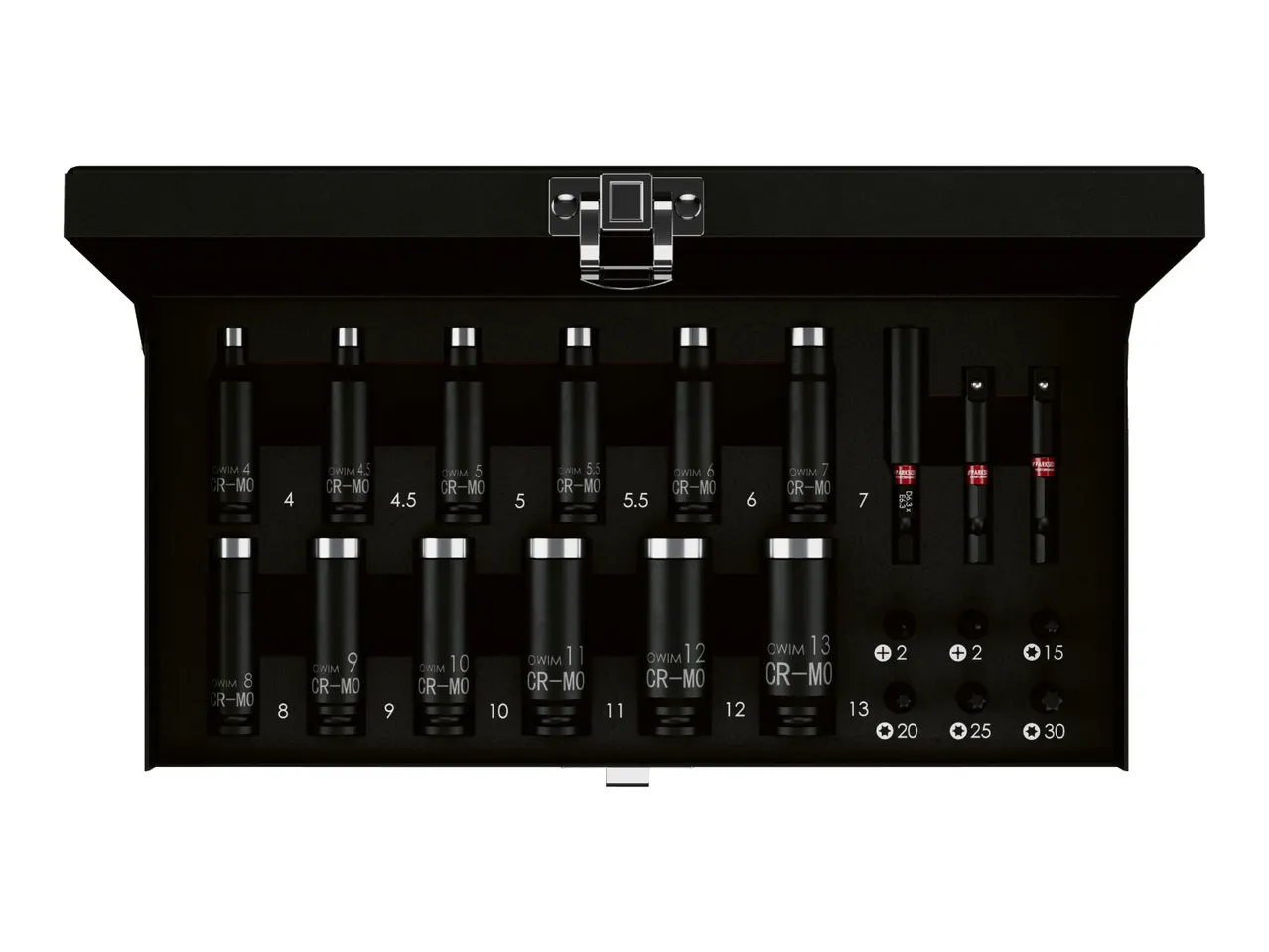 A black case containing a set of OWIM CR-MO sockets and various screwdriver bits.