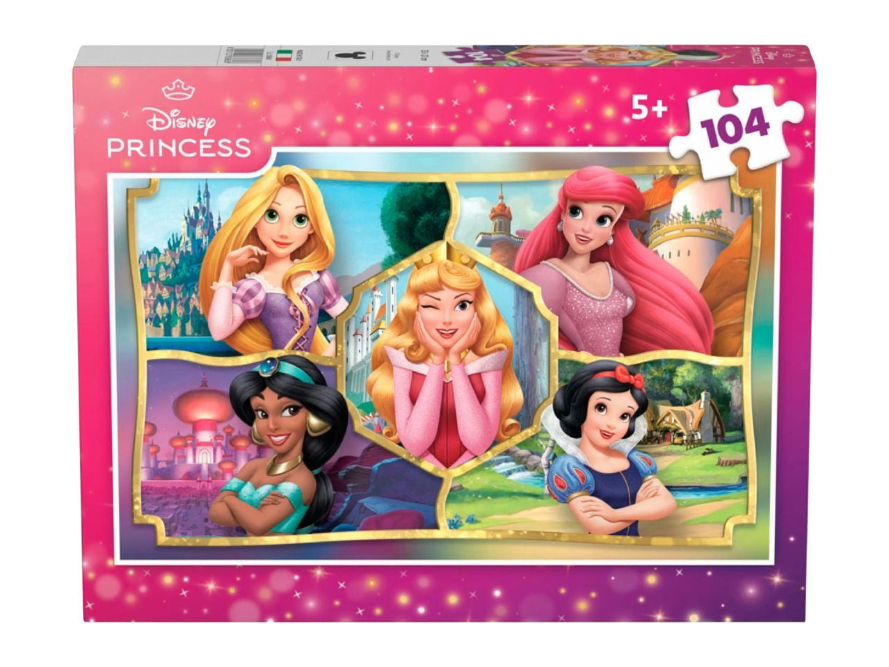 A puzzle box featuring five Disney Princesses: Rapunzel, Ariel, Aurora, Jasmine, and Snow White. It has 104 pieces and is for ages 5+.
