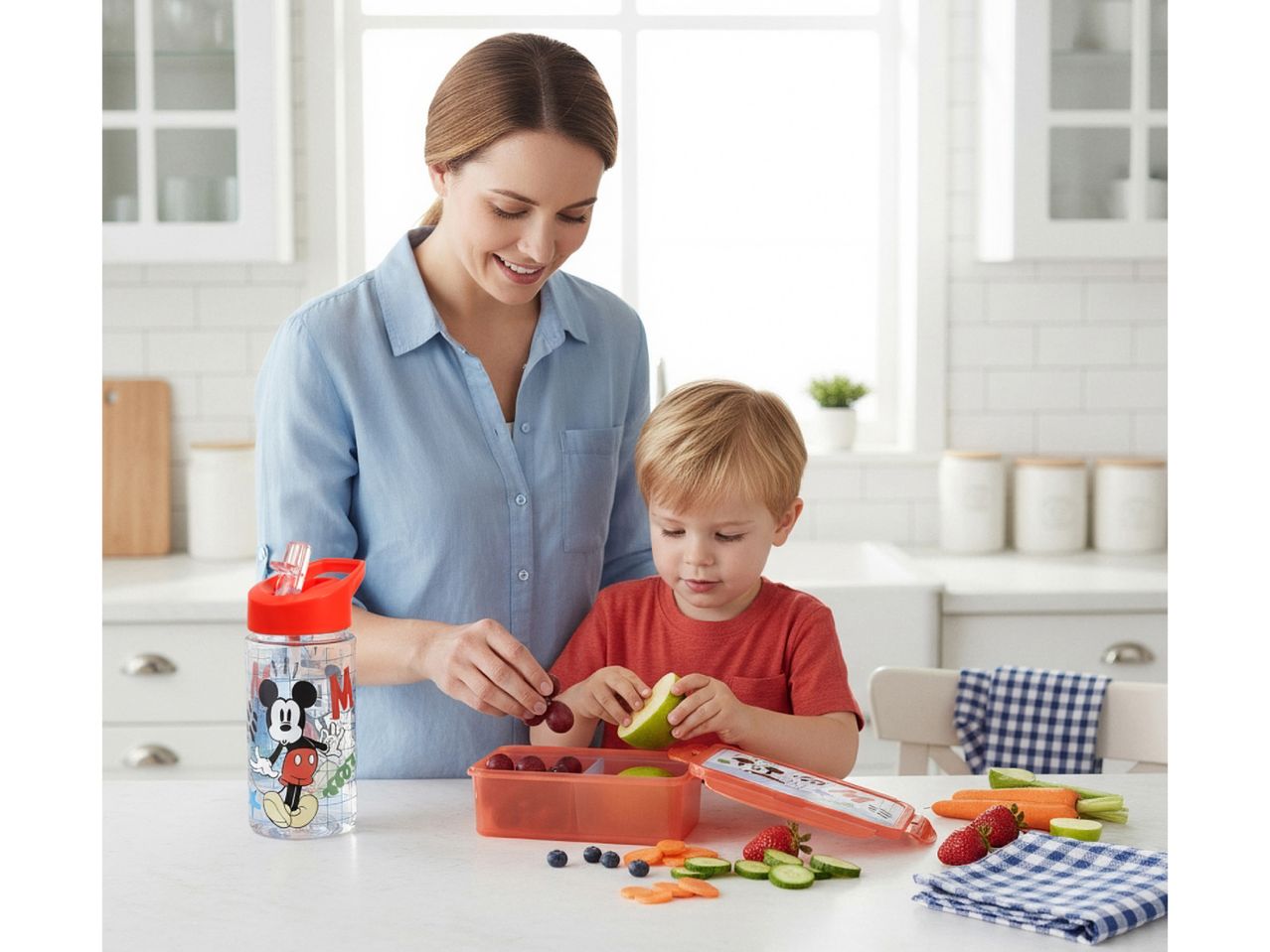 Mother and child preparing a lunchbox with fruit and vegetables, next to a water bottle.