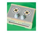 Wooden toy stove with two burners, two light blue knobs, and an oven door.