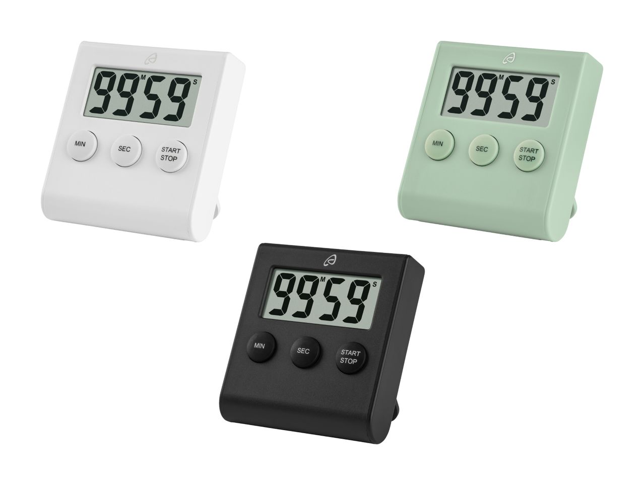 Drei digitale Küchen-Timer in Weiss, Grün und Schwarz.