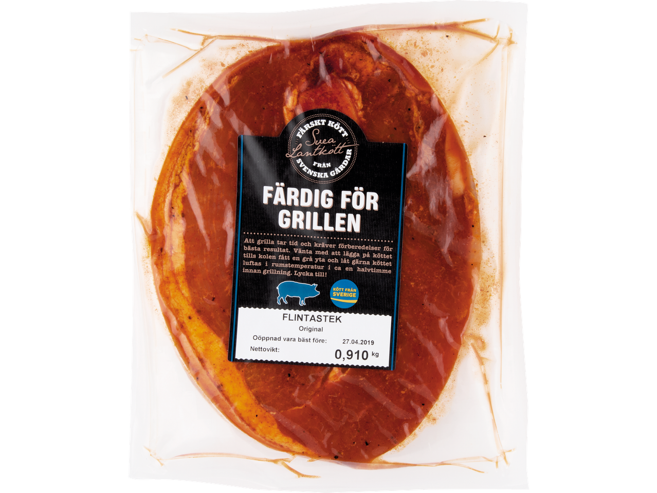 Förpackad, marinerad flintastek från Svea Lantkött, färdig för grillen.