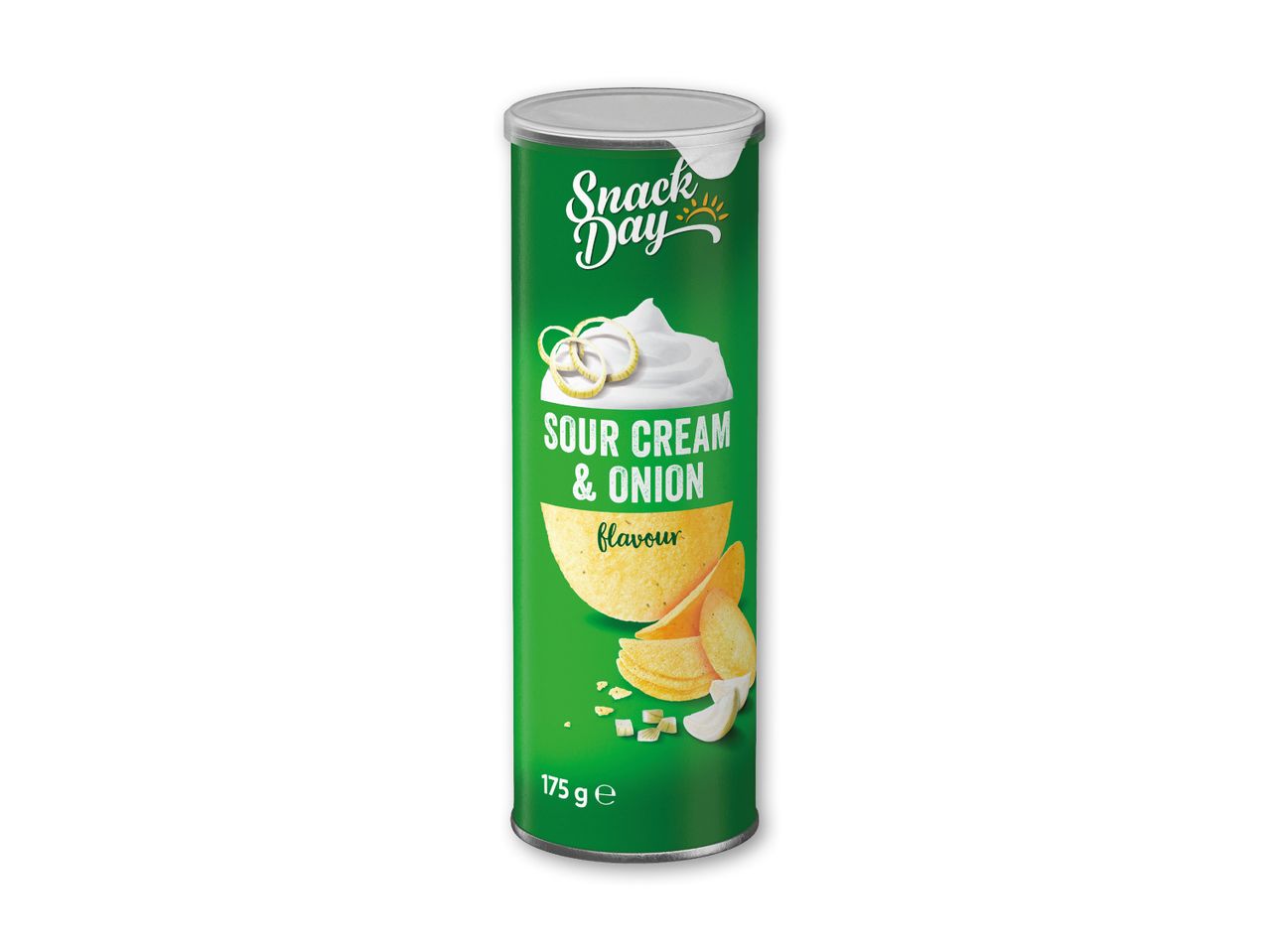 Grøn dåse med sour cream & onion chips, med billede af creme, løgringe og chips.