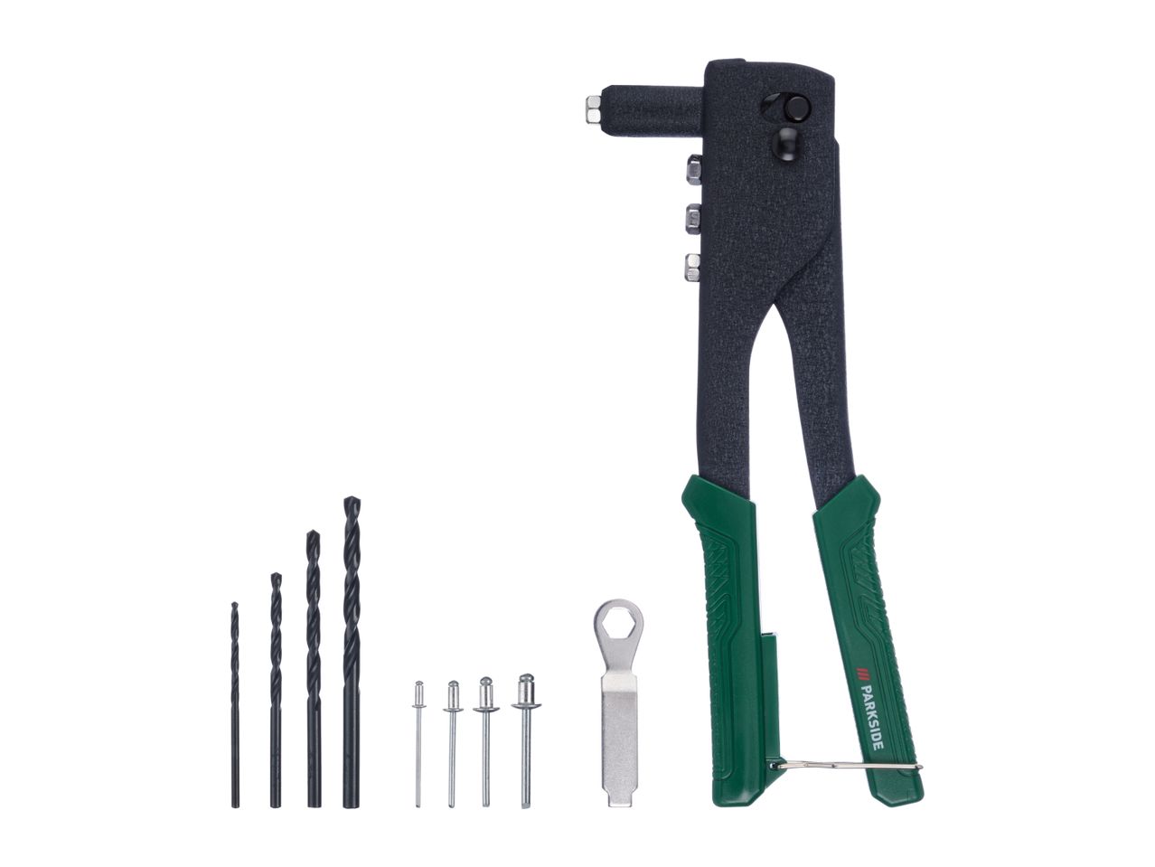 PARKSIDE rivet gun with various drill bits, rivets, and a wrench.