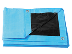 Blue and black tarpaulin, folded, with metal grommets