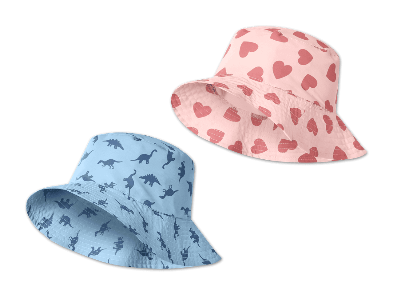 Zwei Fischerhüte: ein rosafarbener mit Herzen und ein hellblauer mit Dinosauriern.