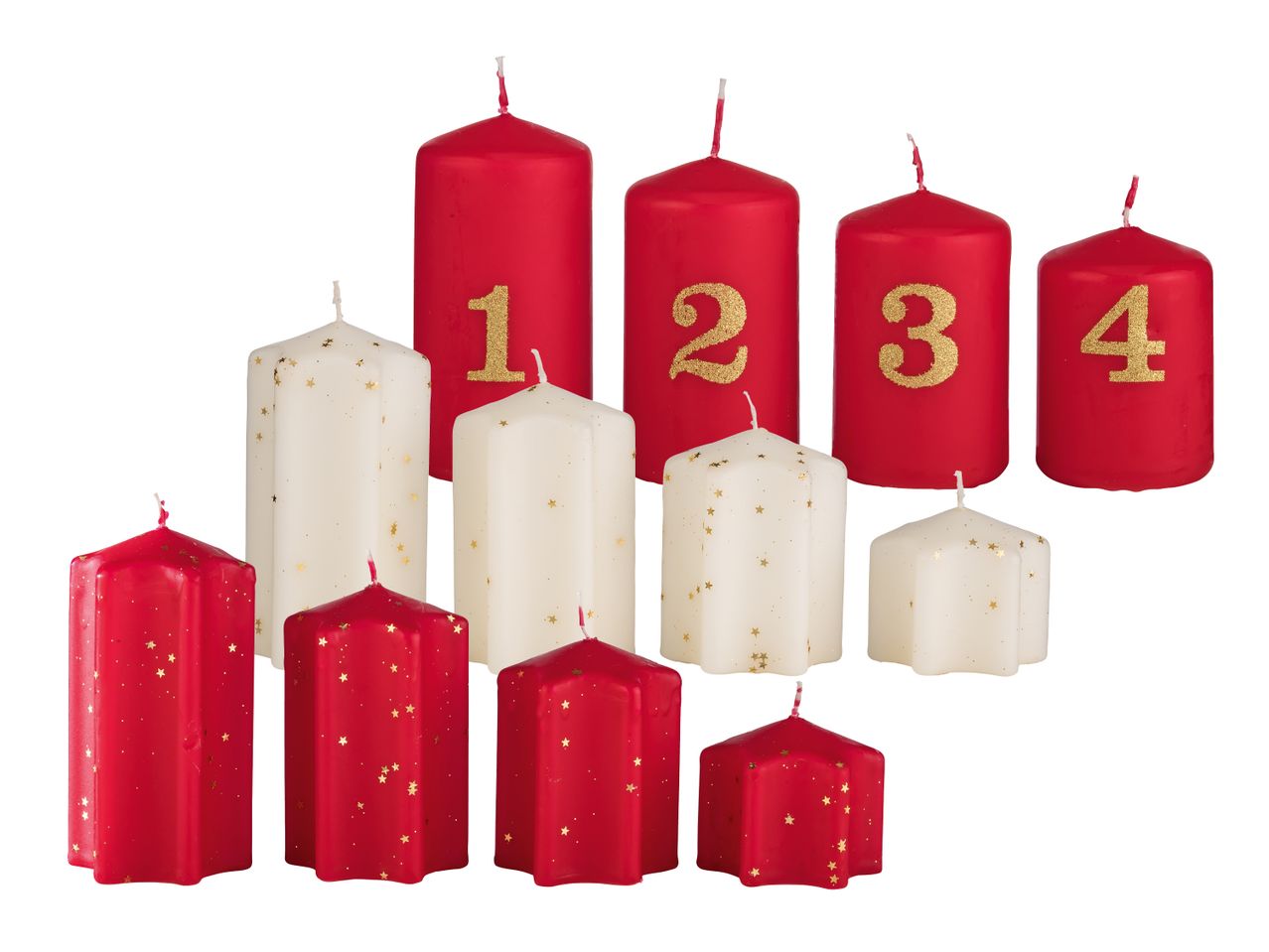 Adventskerzen-Set in Rot und Creme mit goldenen Sternen und Zahlen 1-4.