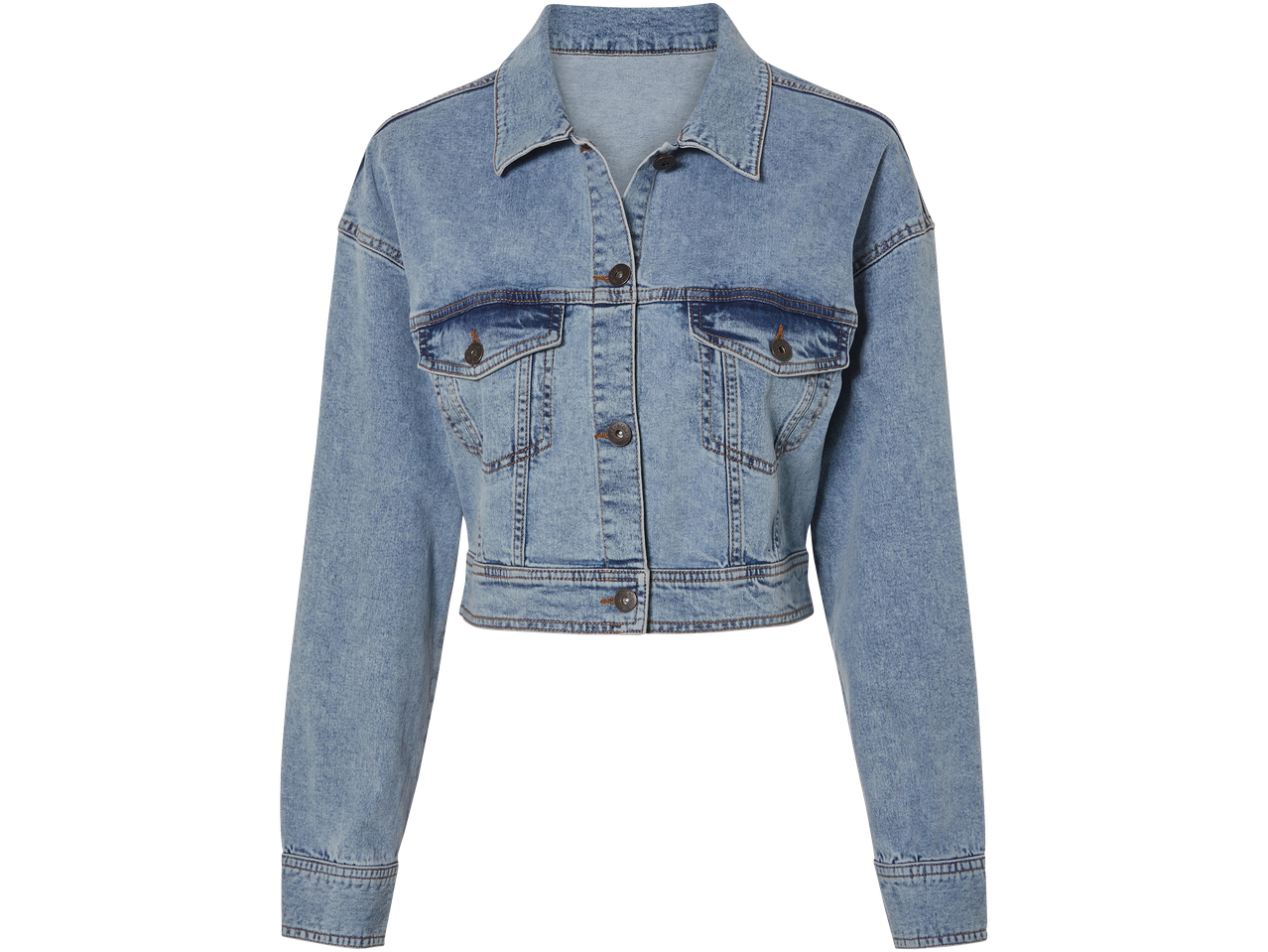 Kék, hosszú ujjú, gombos farmerdzseki, két mellzsebbel.