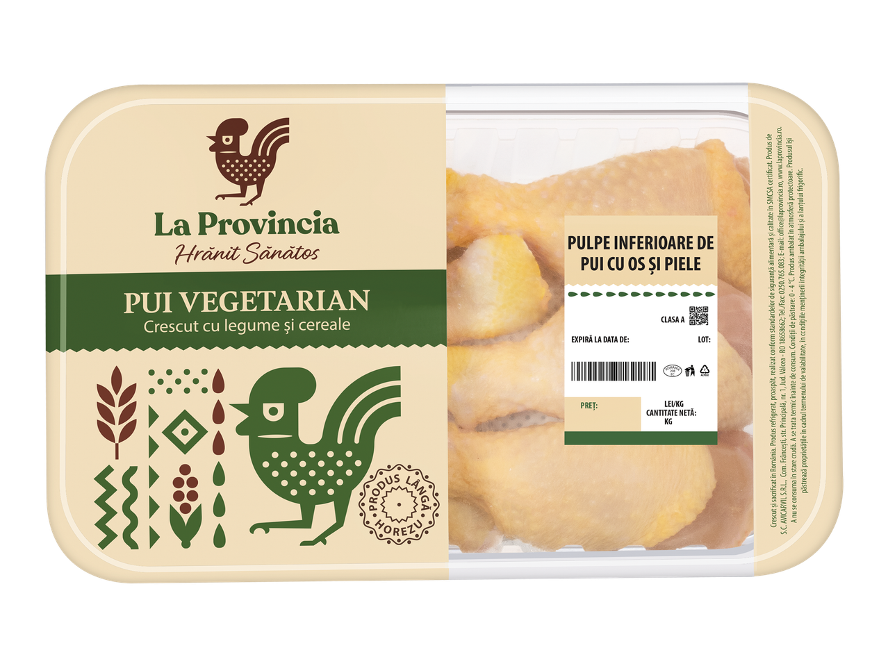 Pui vegetarian, pulpe inferioare cu os și piele, crescut cu legume și cereale.
