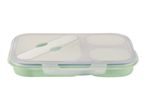 Green lunch box with a clear lid, divided compartments, and a white spork.