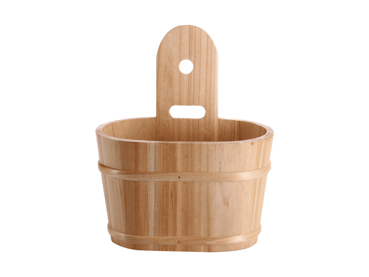 Traditioneller Saunaeimer aus hellem Holz.