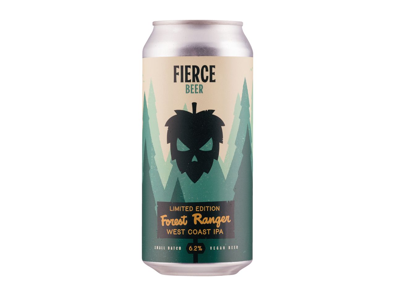 A can of West Coast IPA beer with a forest ranger theme, featuring a hop cone with angry eyes.