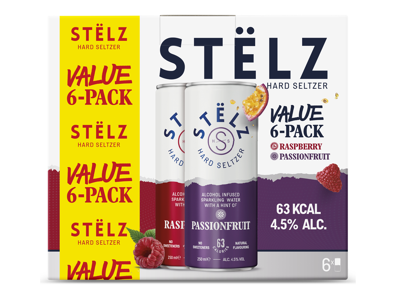 Een voordeelverpakking met 6 blikjes hard seltzer in de smaken framboos en passievrucht.