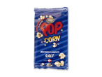 Blå pose mikrobølgepopcorn med teksten 'POP CORN' og 'SALT', produceret i Danmark.