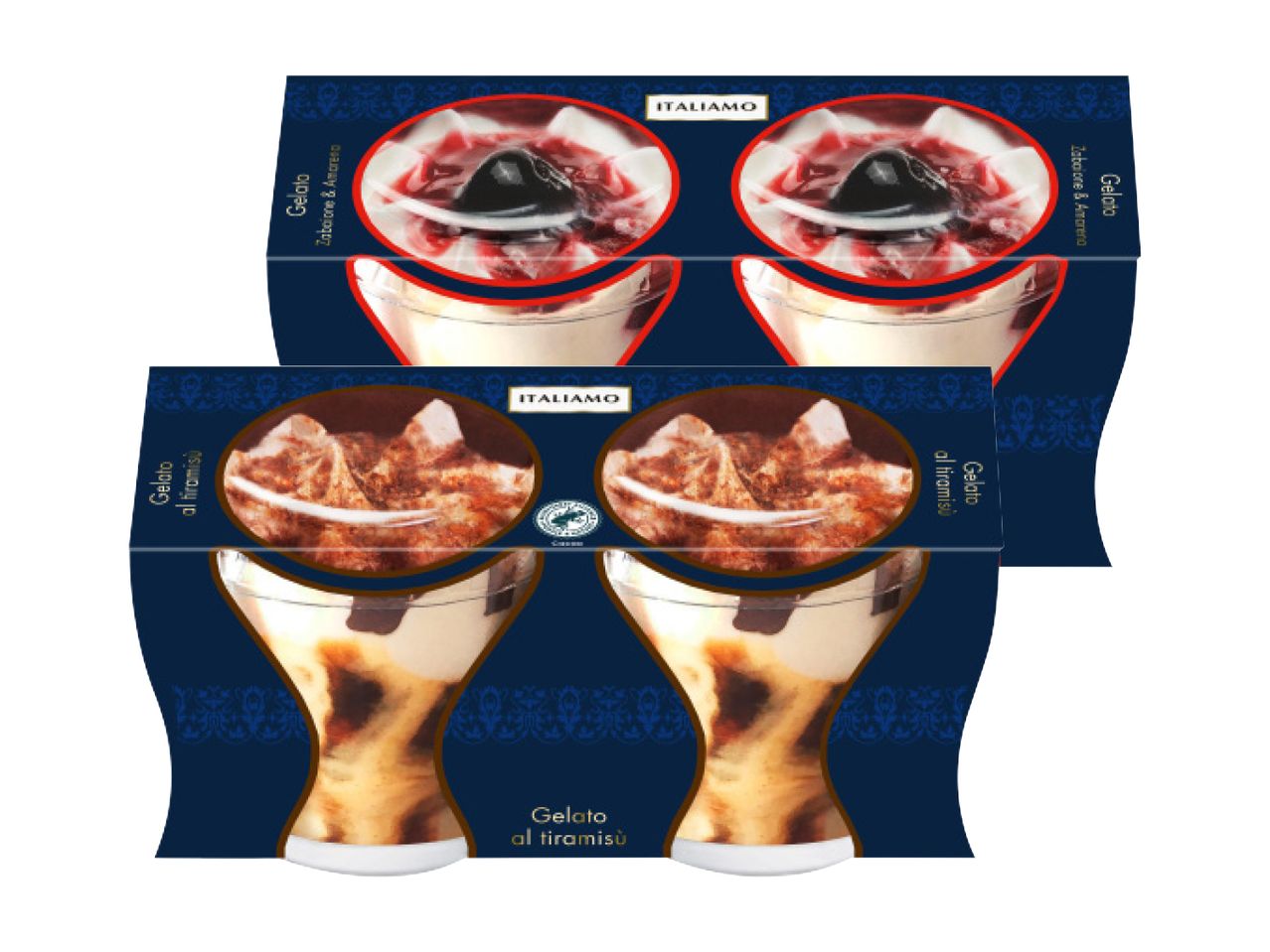 Due confezioni di gelato Italiamo: Zabaione & Amarena e al tiramisù.