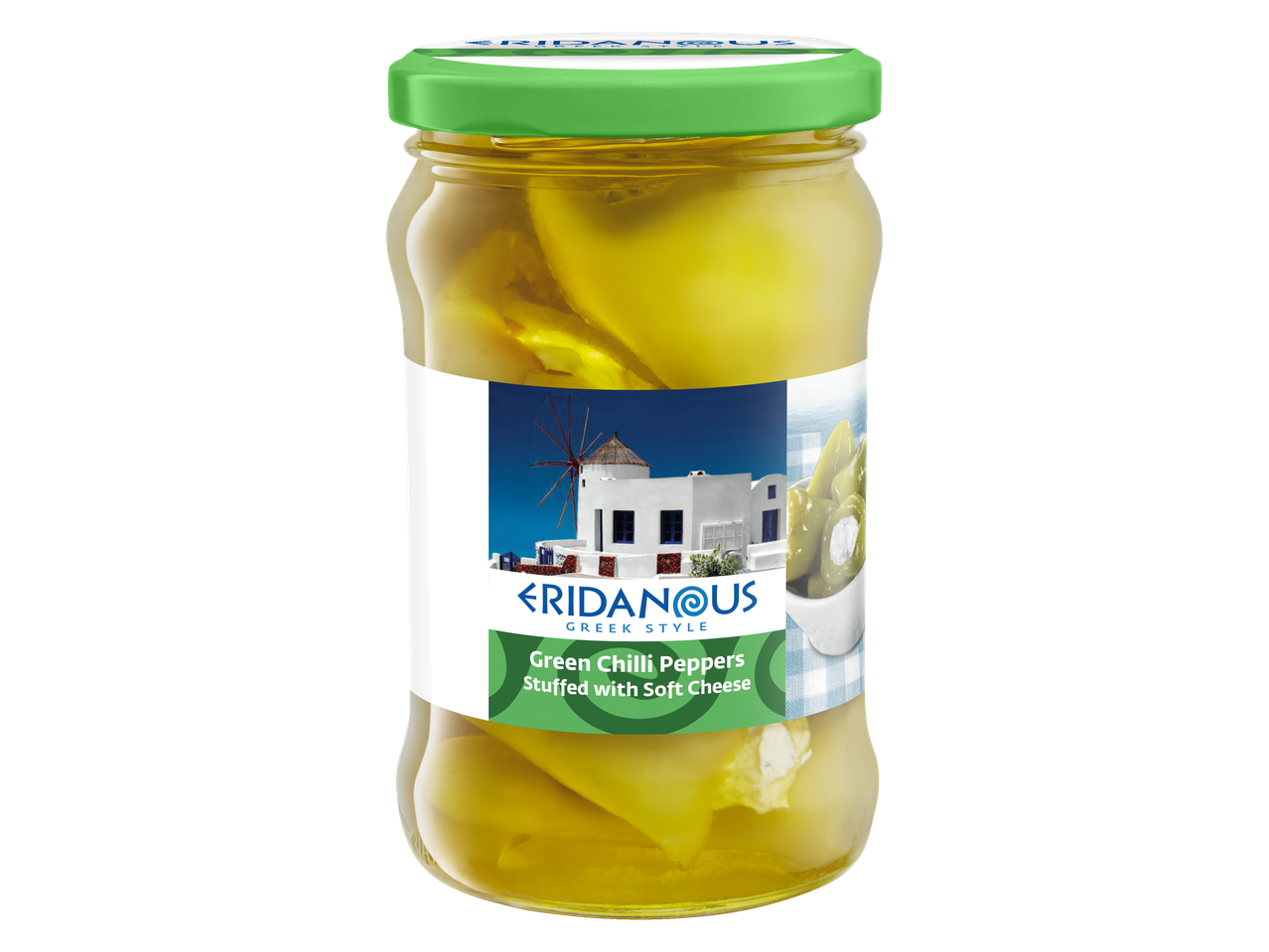 Pot groene chilipepers gevuld met zachte kaas, Eridanous, Griekse stijl.