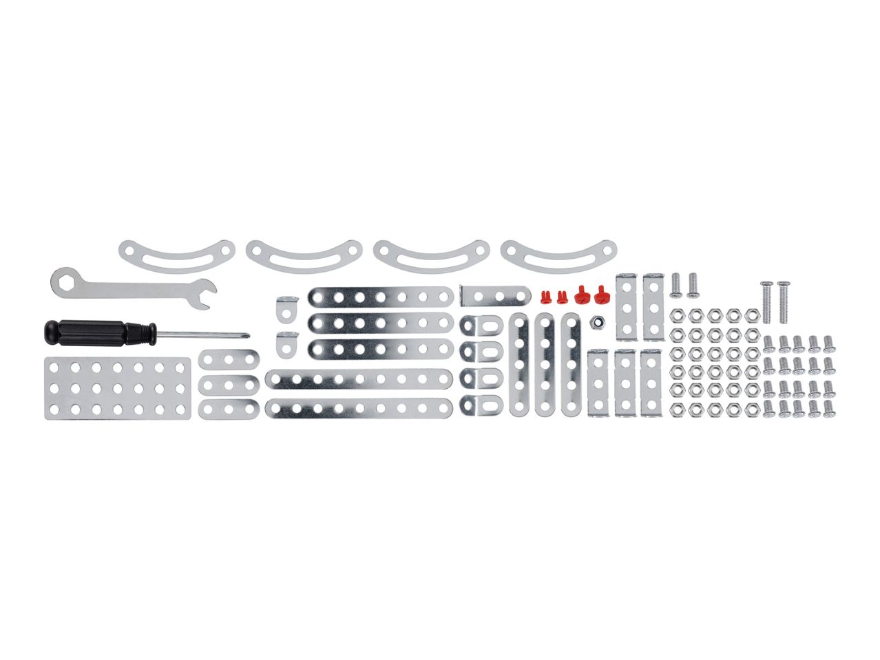 Assorted LEGO-style building blocks and tools.