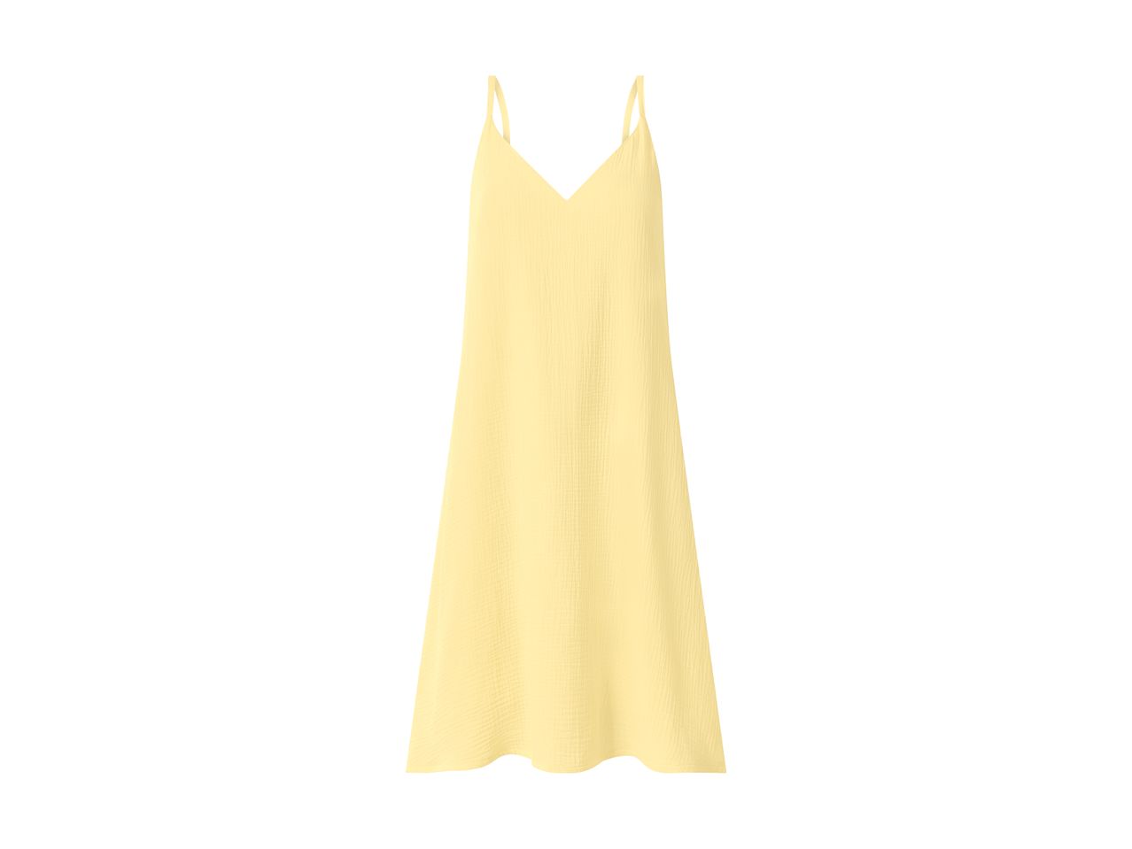 Yellow sleeveless midi dress with a V-neckline and thin straps.