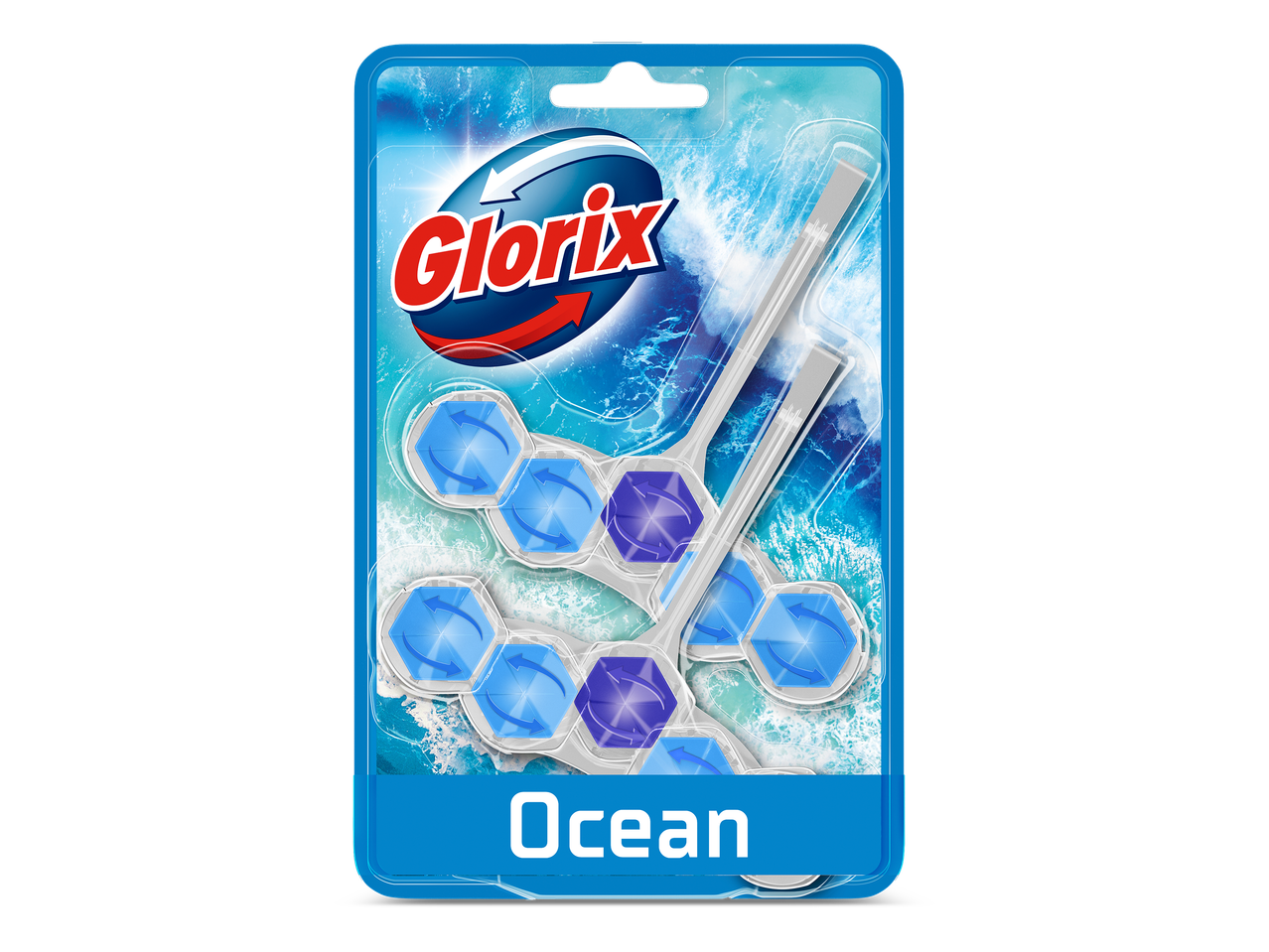 Verpakking met toiletblokjes in de geur Ocean, met blauwe en paarse zeshoekige blokjes.