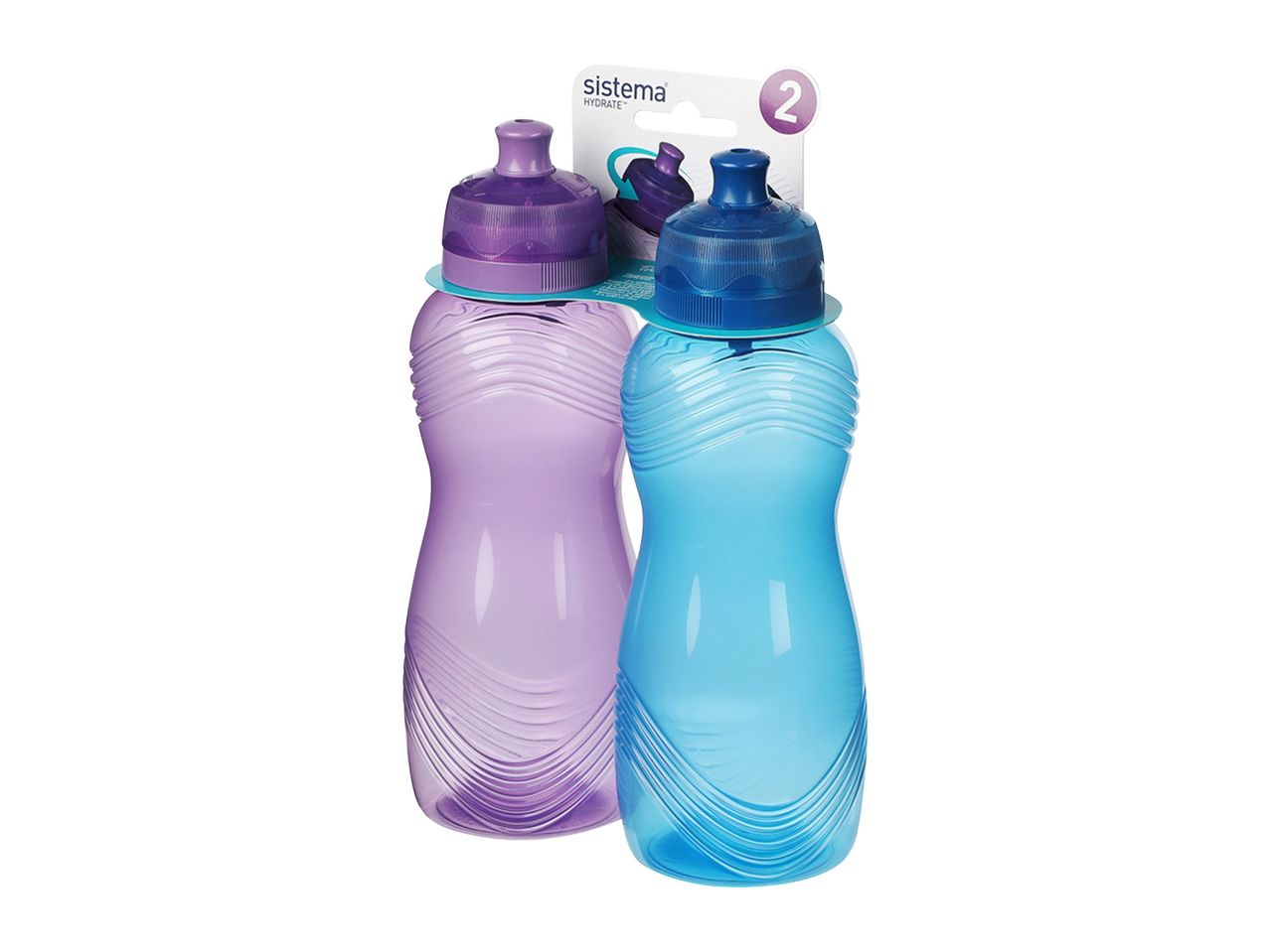 Two Sistema Hydrate bottles, blue and purple.