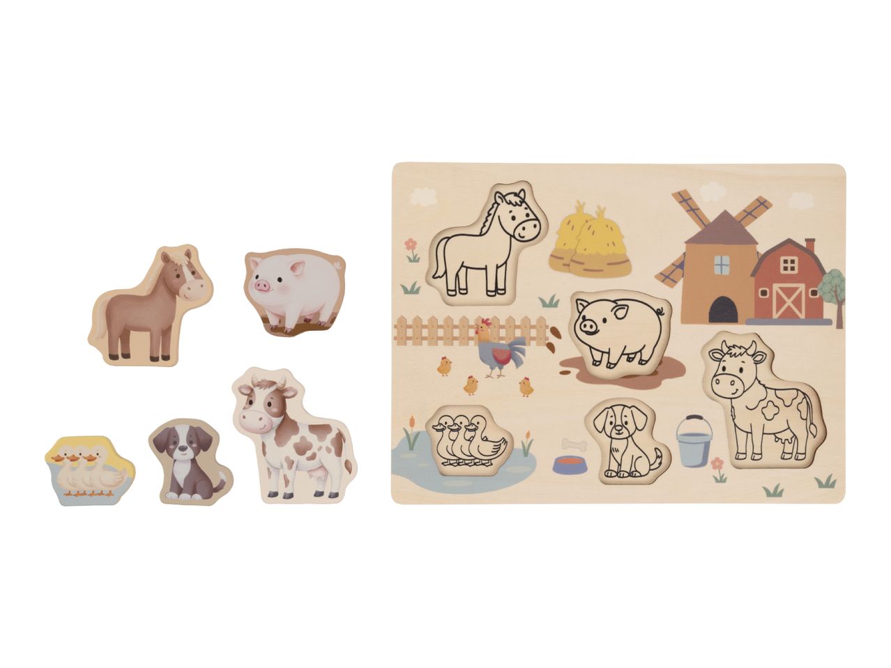 Wooden farm animal puzzle with pieces for a horse, pig, cow, dog, and ducks.