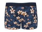 Men's boxer shorts with a dark blue tropical floral pattern featuring white and orange flowers.