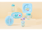 Peppa Pig baby feeding set: water bottle, plate, bowl and soothers.