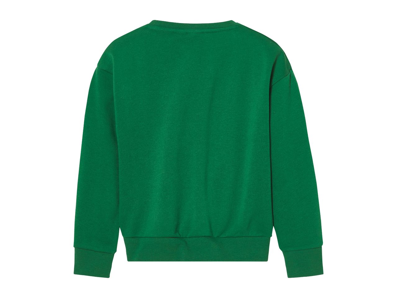 Back view of a plain green crewneck sweatshirt.