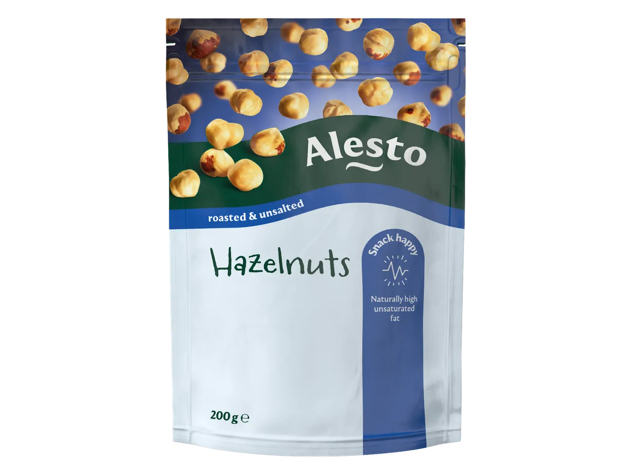 Пакет с лешници, печени и несолени, с надпис „Snack happy“ и „Naturally high unsaturated fat“.