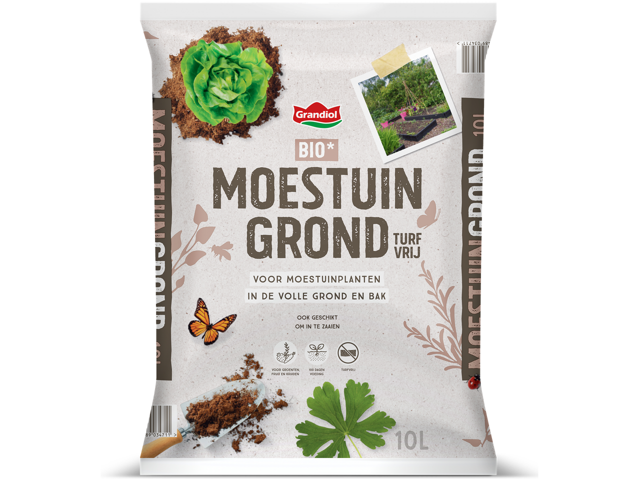 Zak biologische moestuingrond met afbeeldingen van sla, een moestuin en tuingereedschap.