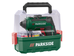 Акумулаторен винтоверт Parkside® в зелена кутия с накрайници.