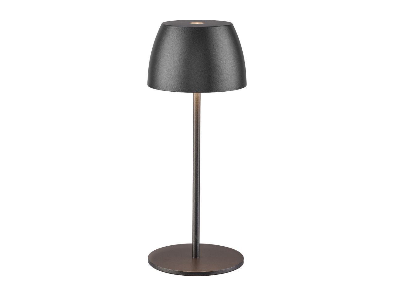 Modern dark grey cordless LED table lamp with a round base and dome shade