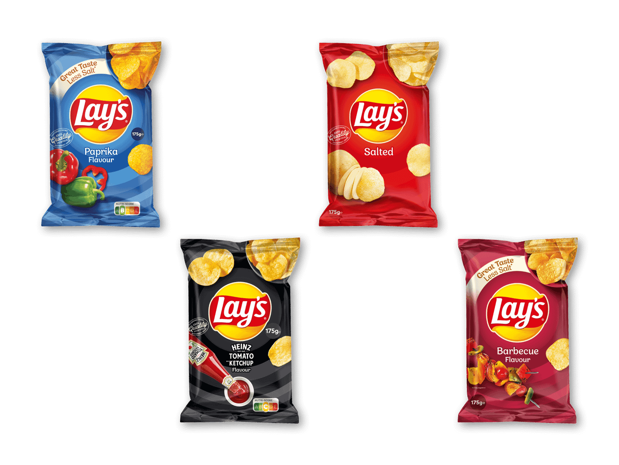 Fire poser chips i forskellige smagsvarianter: paprika, saltet, ketchup og barbecue.