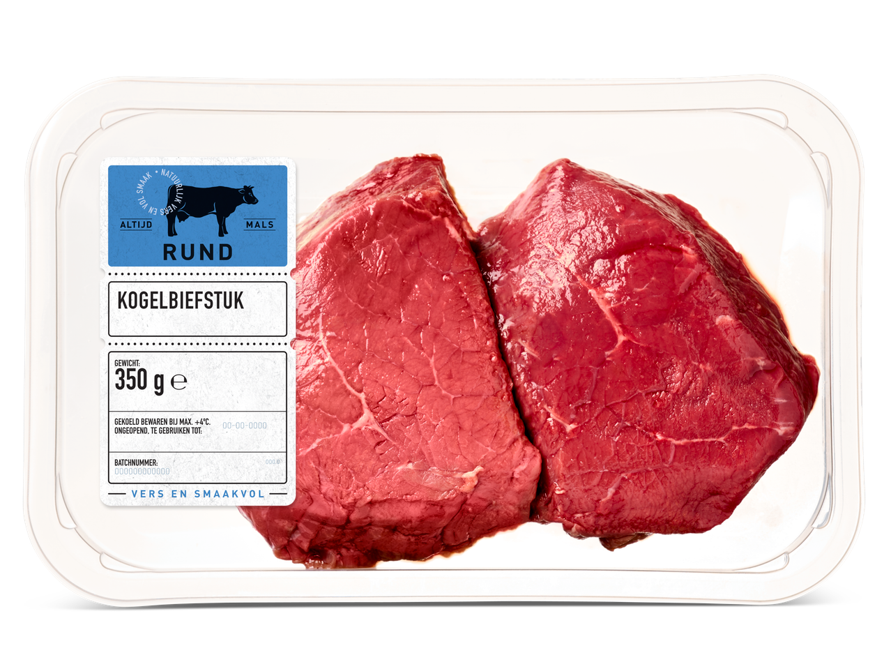Verpakte Kogelbiefstuk met etiket dat 'RUND', '350 g e' gewicht en bewaarinstructies aangeeft.