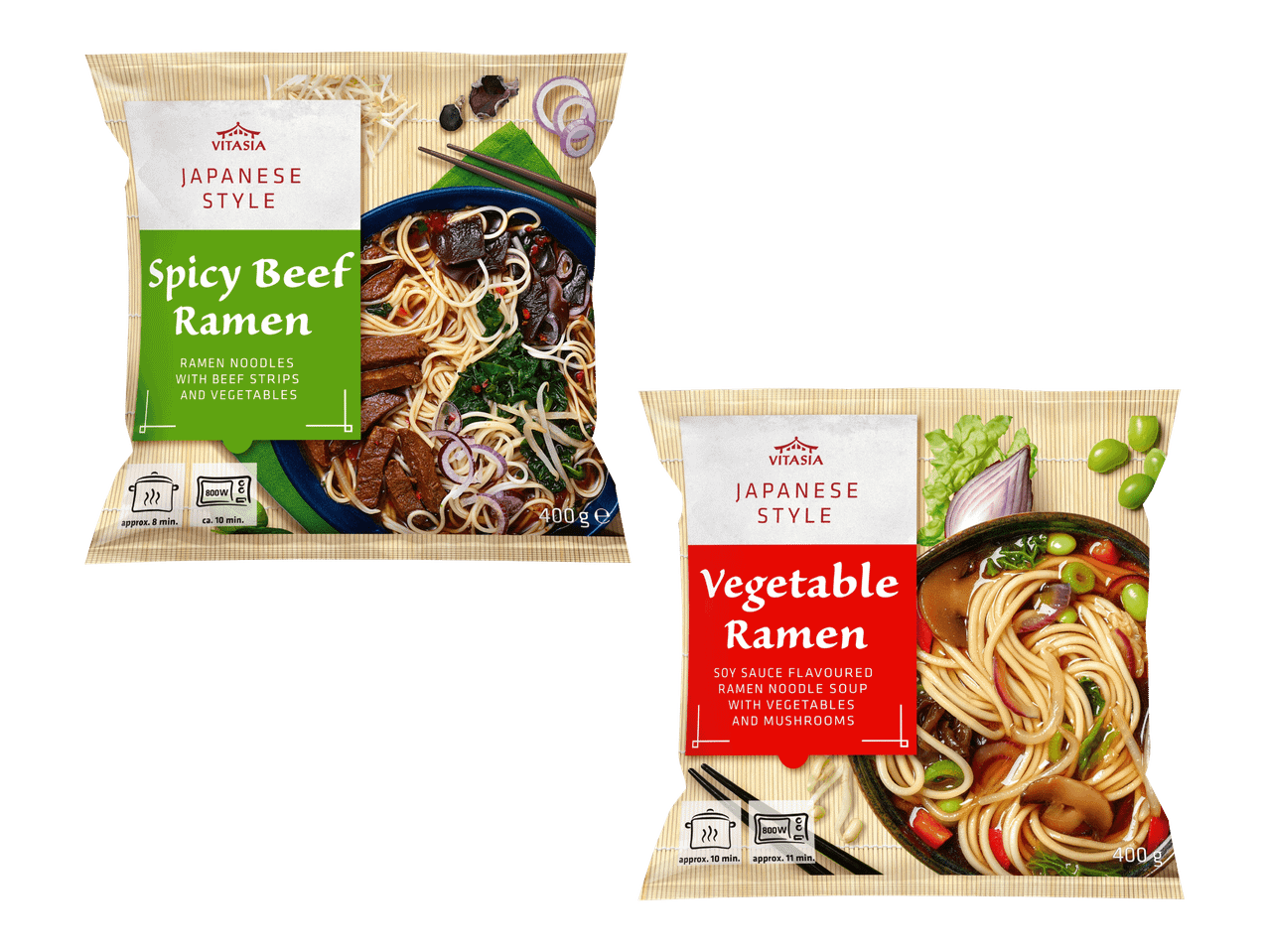 Kaksi japanilaistyylistä ramen-nuudelipakkausta: Spicy Beef Ramen ja Vegetable Ramen.