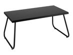 Black rectangular coffee table with a sleek top and curved metal legs.