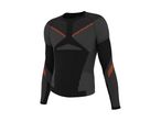 Black long-sleeved athletic shirt with grey stripes and orange accents