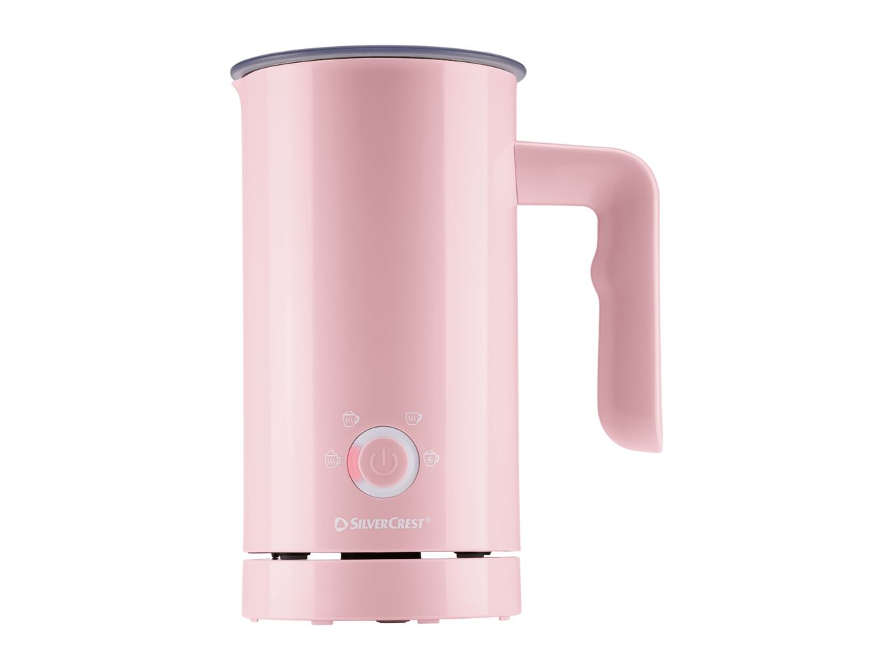 Pink milk frother with a handle and control buttons for different frothing options.