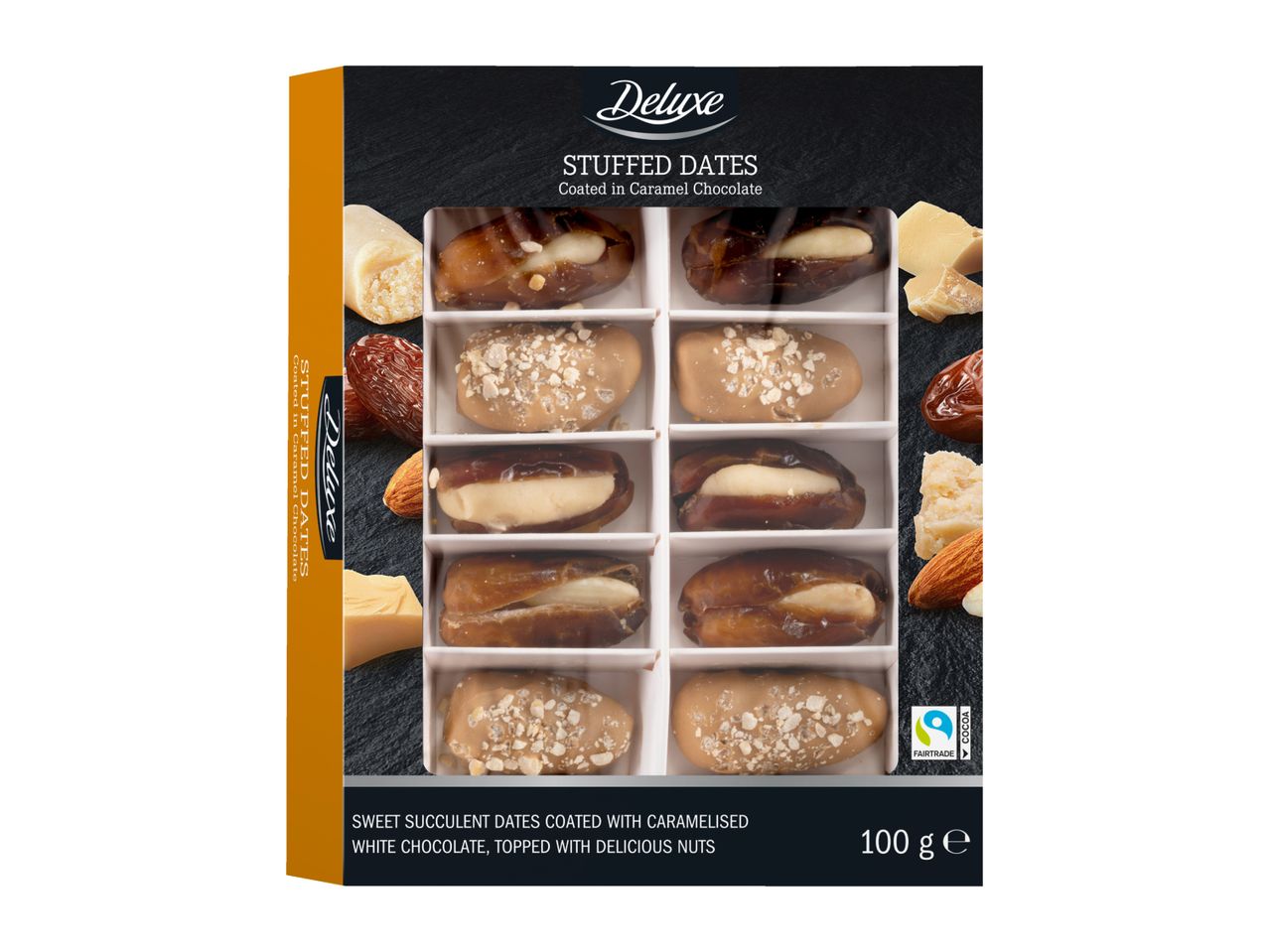 Deluxe Stuffed Dates coated in caramel chocolate, with nuts and white chocolate.