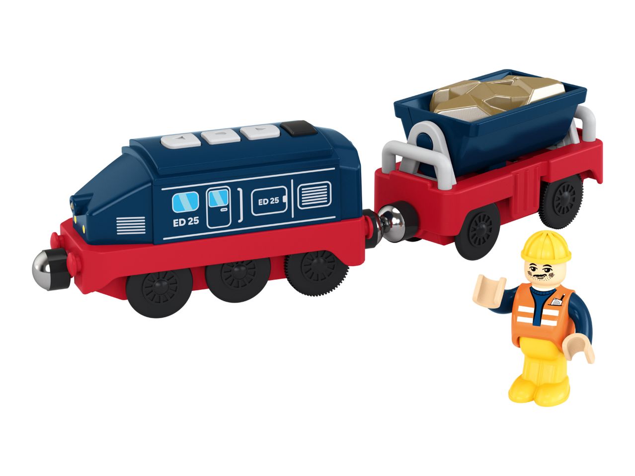 Toy train with blue locomotive, red wagon with gold cargo, and a construction worker figure.