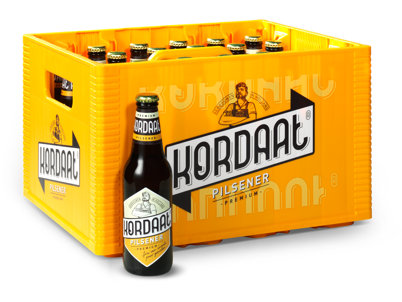 Kordaat Pilsener premium bier in een gele krat.
