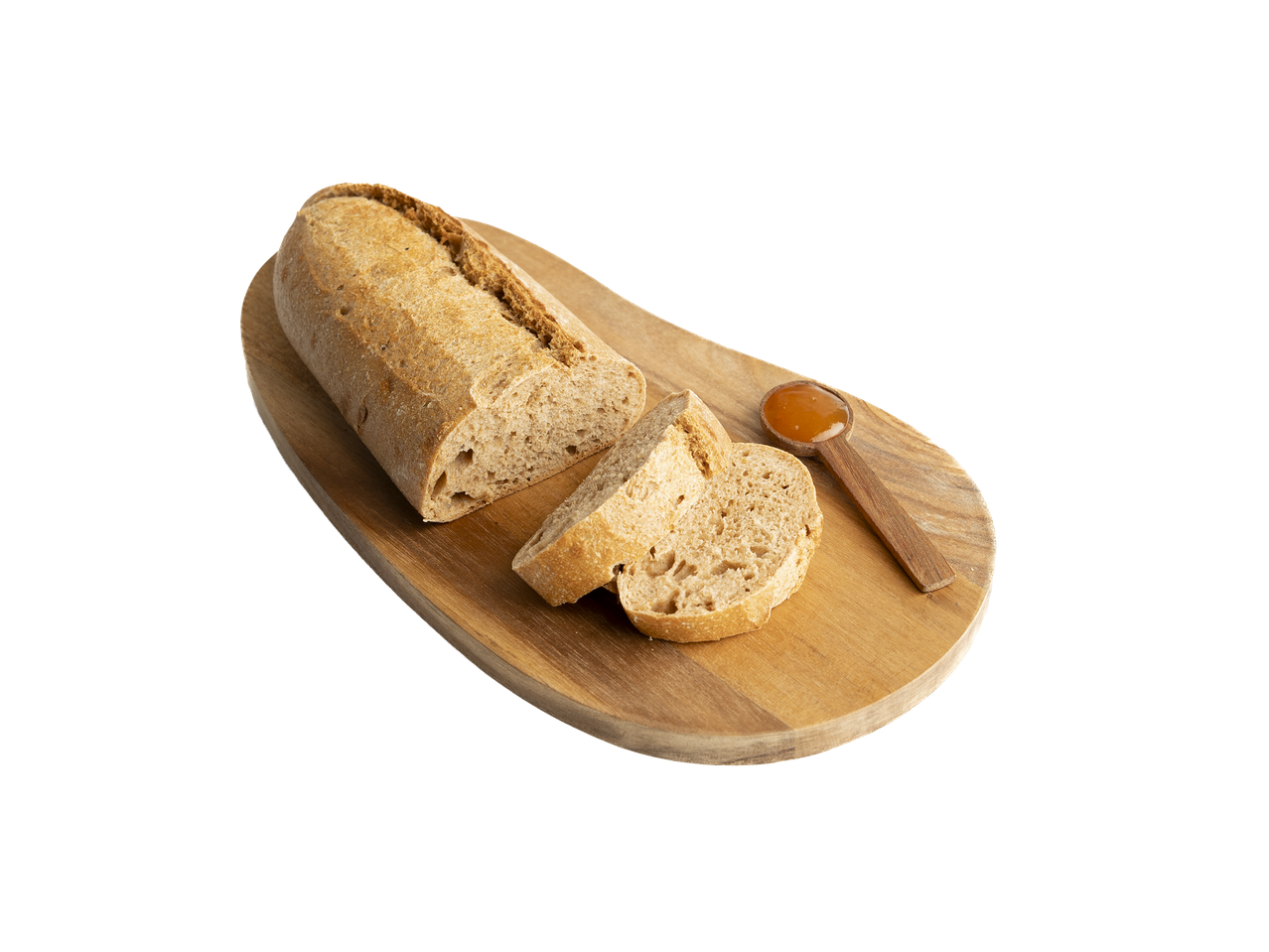Pain de campagne tranché avec une cuillère de confiture sur une planche en bois.