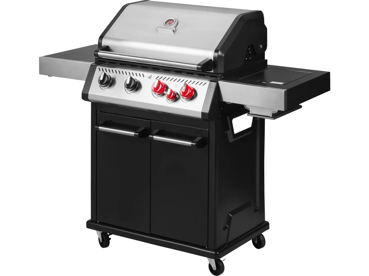 Grătar pe gaz cu capac din oțel inoxidabil, mese laterale și roți.