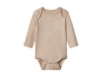 Light brown long-sleeved baby bodysuit with snap fasteners at the crotch.