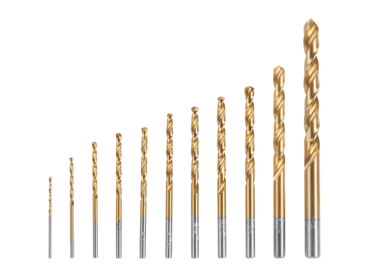 A set of eleven golden-colored drill bits of varying sizes, arranged from smallest to largest.