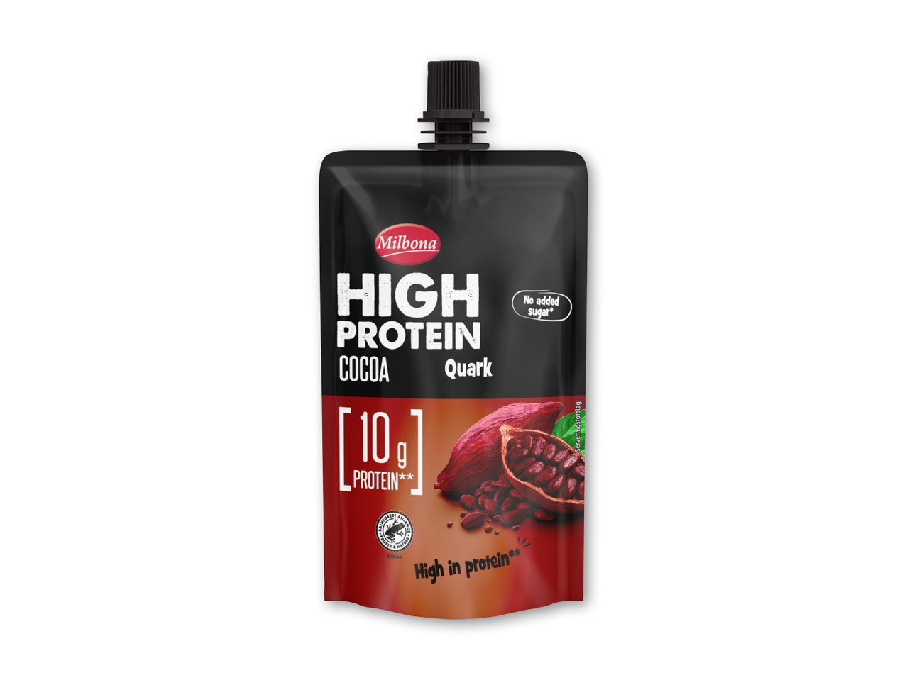 Milbona High Protein Cocoa Quark-pose med 10g protein og ingen tilsat sukker.