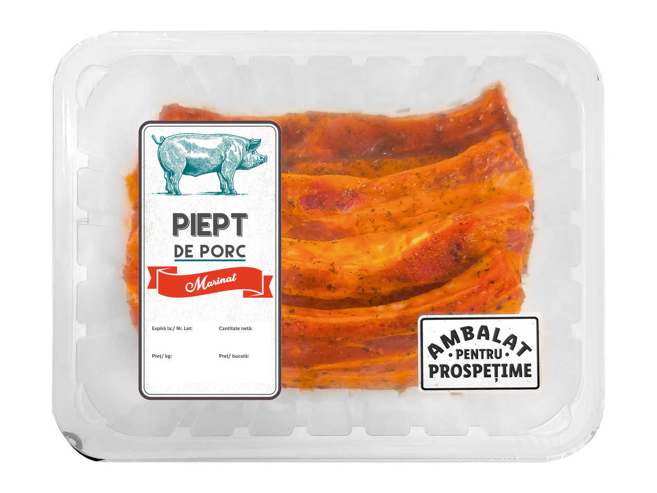 Piept de porc marinat în ambalaj transparent, cu etichetă retro.