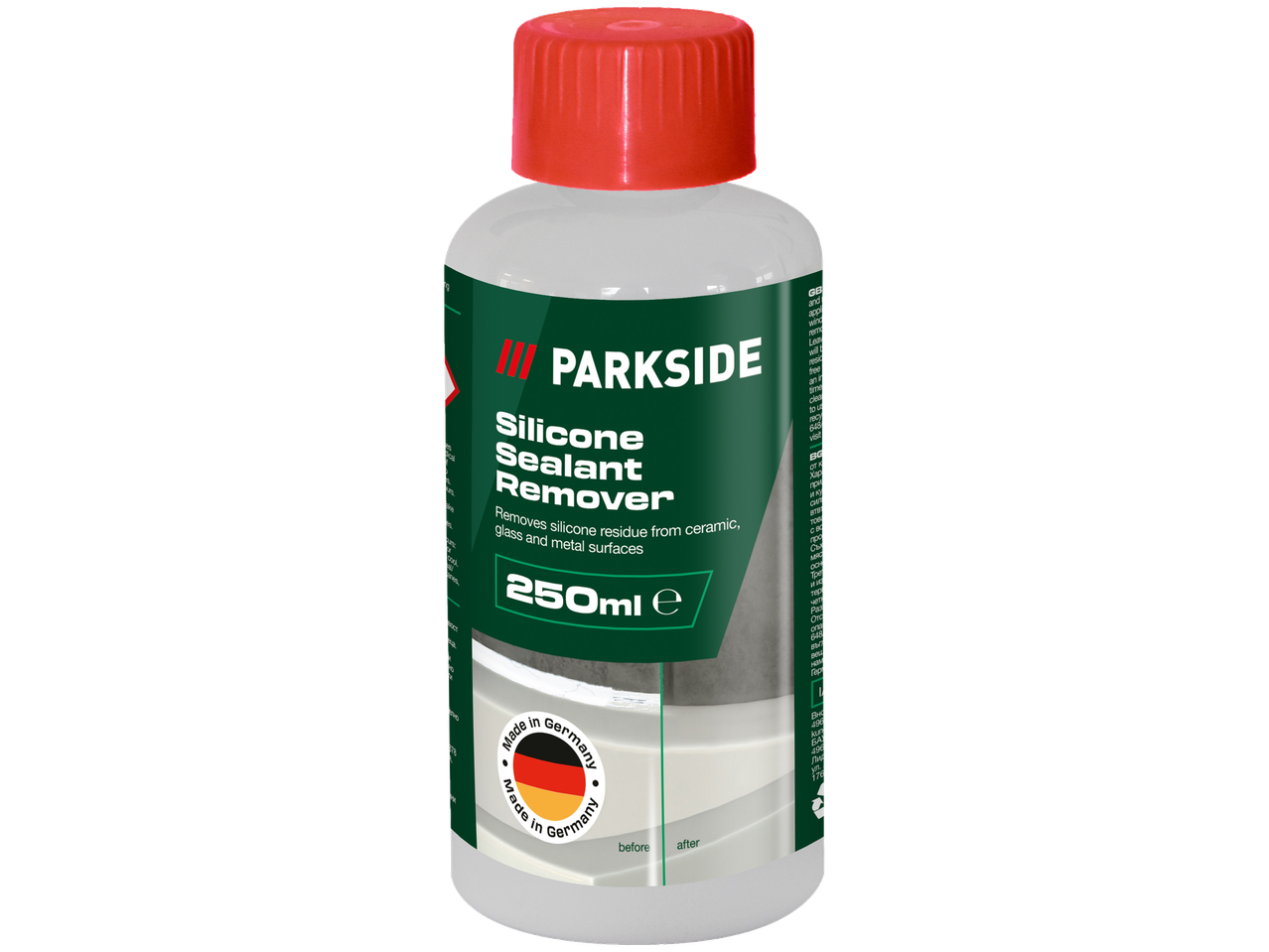 Μπουκάλι Parkside Silicone Sealant Remover 250ml για αφαίρεση υπολειμμάτων σιλικόνης.